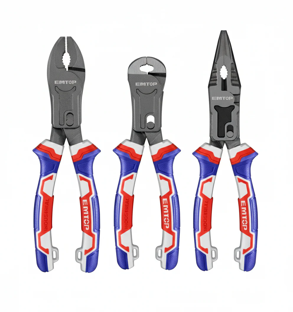 EMTOP 3 Pcs Compound Action Pliers Set 8" Combination Plier 8" Diagonal Cutting Plier 8.5" Long Nose Plier EPLS2351