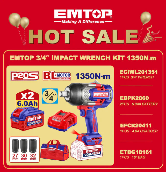 EMTOP 3/4" IMPACT WRENCH KIT 1350NM