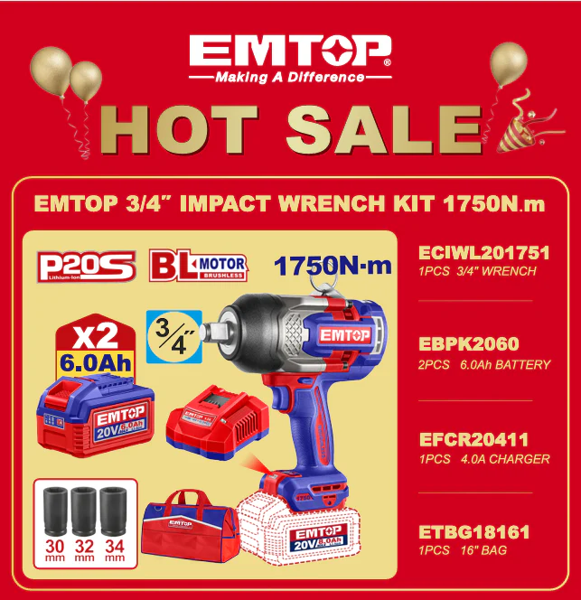 EMTOP 3/4" IMPACT WRENCH KIT 1750NM