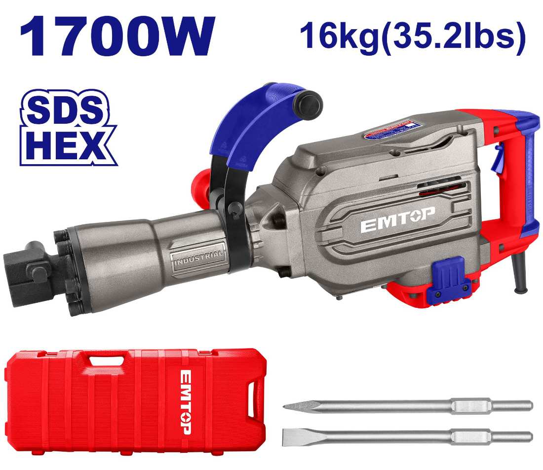 EMTOP 1700W 16Kg 30mm Hex Demolition Hammer kit