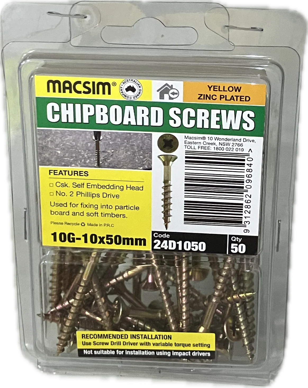 CHIPBOARD SCREWS- 10G (BLISTER PACK OF 50)